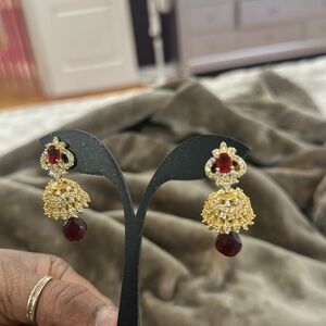 Elegant Gold and Red Drop Earrings